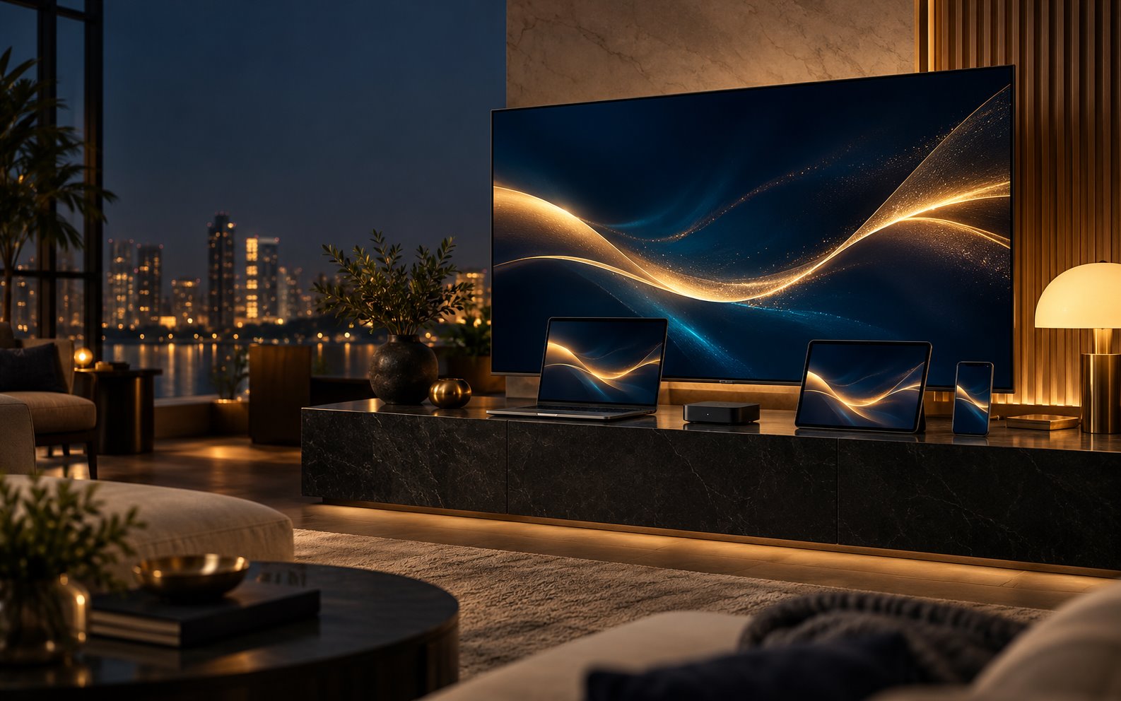 Television, laptop, tablet, phone and streaming box in a premium living room